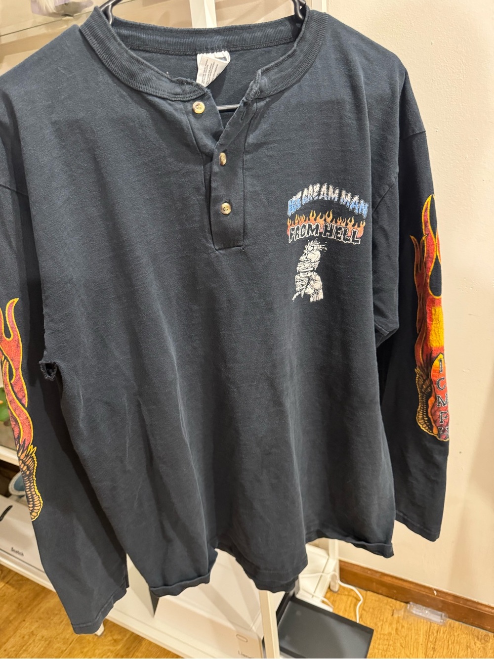 Black Graphic Henley Long-Sleeve Shirt with Flame Sleeve Prints